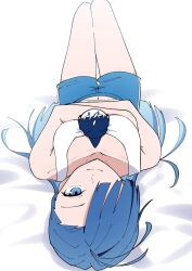 1girl ado_(utaite) blue_eyes blue_hair blue_shorts character_doll closed_mouth collarbone commentary_request hair_over_one_eye highres long_hair looking_at_viewer lying merry_(ado) naima_(ado) nori_(norinori_yrl) on_back readymade_(ado) shorts solo tank_top usseewa white_tank_top