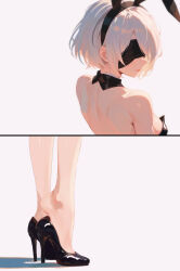 1girl 2b_(nier:automata) animal_ears armpit_crease back black_blindfold black_hairband black_leotard black_shoes blindfold blush breasts fake_animal_ears feet feet_only foot_focus footwear_focus grey_background grey_hair hairband high_heels highres leotard lips medium_breasts medium_hair nier:automata nier_(series) parted_bangs playboy_bunny rabbit_ears randomscribblas removing_shoes shadow shoes simple_background stiletto_heels strapless strapless_leotard toe_cleavage