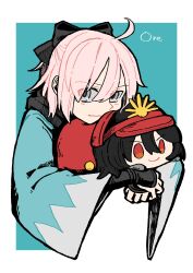 1girl ahoge arm_guards artist_name black_bow black_scarf blue_background blush bow character_doll fate_(series) goma1021 grey_eyes hair_between_eyes hair_bow highres hug hugging_object japanese_clothes kimono long_sleeves looking_at_viewer oda_nobunaga_(fate) okita_souji_(fate) scarf shinsengumi short_hair simple_background smile solo