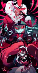 1girl 2boys absurdres ama0805 coat colored_skin demon_boy dress fur-trimmed_coat fur_trim hazbin_hotel heart heart-shaped_eyewear highres multiple_boys pink_coat pink_dress purple_skin red_eyes sharp_teeth teeth twintails valentino_(hazbin_hotel) velvette_(hazbin_hotel) vox_(hazbin_hotel)