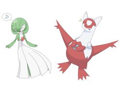 1girl ^_^ bob_cut claws closed_eyes colored_skin female_focus flat_chest flying_sweatdrops full_body gardevoir gen_3_pokemon green_hair green_skin hair_over_one_eye happy latias legendary_pokemon multicolored_skin nervous_smile nintendo notice_lines one_eye_covered open_mouth pokemon pokemon_(creature) rkn_rukonu short_hair sideways_mouth simple_background smile speech_bubble spoken_flying_sweatdrops sweat transparent_background two-tone_skin white_skin
