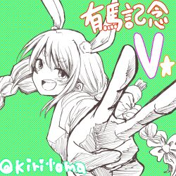 1girl :d blush bow braid carrot_hair_ornament commentary_request food-themed_hair_ornament from_side gloves green_background hair_bow hair_ornament highres hololive kiritoma long_hair long_sleeves looking_at_viewer looking_to_the_side open_mouth polka_dot polka_dot_background shirt short_eyebrows smile solo thick_eyebrows translation_request twin_braids twintails upper_body usada_pekora v very_long_hair virtual_youtuber
