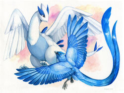 animal_focus articuno b.lyons beak bird claws closed_mouth creatures_(company) dated feathered_wings game_freak gen_1_pokemon gen_2_pokemon legendary_pokemon lugia nintendo no_humans pokemon pokemon_(creature) red_eyes signature smile traditional_media wings