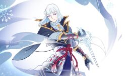 1boy armor ascot bad_id bad_twitter_id black_cape black_coat black_gloves blue_eyes blue_pants blunt_bangs blunt_ends bracer cape chocofish closed_mouth coat collared_coat collared_shirt commentary cowboy_shot cryokinesis design_speculation english_commentary eyelashes eyeliner flower_knot genshin_impact gloves grey_ascot grey_shirt happy high_collar holding holding_sword holding_weapon instagram_username japanese_armor kamisato_ayato kusazuri lapels light_particles long_sleeves looking_at_viewer makeup male_focus medium_hair neck_tassel notched_lapels pants pink_eyeliner red_ribbon ribbon shirt smile snowflakes solo sword tassel twitter_username two-sided_cape two-sided_fabric waist_ribbon watermark weapon white_background white_cape white_hair