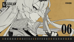 1girl calendar_(medium) copyright_logo dated expressionless fingerless_gloves from_side gloves grey_hair greyscale highres holding logo long_hair monochrome official_art orange_background profile simple_background solo yi_xuan_(zenless_zone_zero) zenless_zone_zero