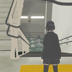 2girls black_hair black_skirt black_thighhighs colored_skin facing_away flood from_behind grey_skin handrail highres horror_(theme) indoors kawano_yuji long_hair multiple_girls no_lineart original partially_submerged pleated_skirt skirt stairs stairwell standing tactile_paving thighhighs wading water