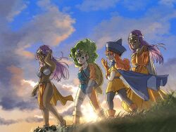 4girls :d alena_(dq4) anklet aqua_leotard belly_chain belt black_eyes black_leggings blue_cape blue_eyes blue_gemstone blue_hat blue_sky blunt_bangs boots bracelet breasts brown_boots cape choker circlet cleavage cloud commentary_request curly_hair dark-skinned_female dark_skin dawn dragon_quest dragon_quest_iv dress earrings floating_clothes floating_hair forehead_jewel forehead_protector full_body gem gloves gold_circlet gold_thighlet gradient_sky grass green_gemstone green_hair grey_gloves hat heroine_(dq4) highres jewelry leggings leotard long_hair looking_at_another looking_back manya_(dq4) medium_hair metal_bikini minea_(dq4) multiple_anklets multiple_girls navel open_mouth orange_boots orange_dress orange_eyes orange_gloves orange_hair orange_sky orange_sleeves outdoors parted_hair pelvic_curtain profile purple_hair sandals shield shield_on_back siblings single-shoulder_dress single_sleeve sisters sky smile sphere_earrings strapless strapless_leotard sword sword_on_back thighlet toriyama_akira_(style) tunic walking weapon weapon_on_back yellow_tunic yuto_sakurai