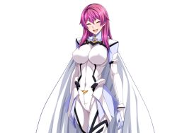1girl ^_^ bodysuit breasts cape closed_eyes covered_erect_nipples covered_navel game_cg gentle_sasaki gloves large_breasts long_hair mole non-web_source official_art open_mouth pink_hair prism_reica purple_hair shindou_hatsune skin_tight smile solo soukou_senki_prism_reica transparent_background white_bodysuit