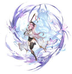 1boy 1girl absurdres analogous_colors arm_up armpits asymmetrical_footwear aura belt black_belt black_boots black_gloves black_horns black_shirt blue_eyes boots braid breasts bug butterfly chinese_commentary cleavage coat commentary_request cool_colored curled_horns dark_aura draph eahta_(granblue_fantasy) elbow_gloves expressionless fingerless_gloves full_body gloves granblue_fantasy hair_over_one_eye hand_on_weapon hand_up high_heel_boots high_heels highres holding holding_sword holding_weapon horns insect katana large_breasts leg_up legs_folded long_coat long_hair looking_at_viewer nail_polish narmaya_(granblue_fantasy) official_style one_eye_covered parted_lips pink_hair pink_nails pointy_ears popped_collar scabbard sheath shirt side_braid single_thigh_boot sleeveless sleeveless_coat sleeveless_shirt solo_focus sword thigh_boots thigh_strap uneven_footwear unsheathed weapon white_background white_coat zombie_ke