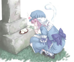 1girl black_shoes dumpling eating female_focus flower food full_body ghost grave hat japanese_clothes looking_back mumulatte nature outdoors pink_eyes pink_hair saigyouji_yuyuko shoes solo squatting tombstone touhou