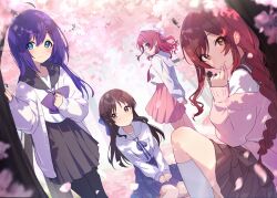 Rule 34 | 4girls, absurdres, ahoge, arms behind back, beret, black pantyhose, black skirt, blue bow, blue eyes, blue ribbon, blue skirt, blurry, blurry background, blurry foreground, blush, bow, bowtie, braid, brown eyes, brown hair, cardigan, cherry blossoms, closed mouth, commentary request, dutch angle, falling petals, gakuen idolmaster, green eyes, hair between eyes, hair bow, hanami saki, hands on lap, hat, highres, holding, holding petal, idolmaster, idolmaster cinderella girls, idolmaster million live!, idolmaster shiny colors, in-franchise crossover, long hair, long sleeves, looking at viewer, mochizuki anna, multiple girls, neck ribbon, open cardigan, open clothes, osaki amana, outdoors, pantyhose, petals, pink skirt, pleated skirt, purple bow, purple hair, red hair, reikakrzk, ribbon, sailor collar, school uniform, serafuku, shirt, sitting, skirt, smile, socks, standing, swept bangs, tachibana arisu, tree, wariza, white hat, white shirt, white socks, yellow eyes, yokozuwari