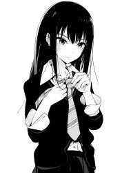 10s 1girl adjusting_clothes adjusting_necktie black_hair female_focus greyscale idolmaster idolmaster_cinderella_girls mebae monochrome navel necktie shibuya_rin solo