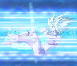Rule 34 | 1girl, absurdres, barefoot, defeat, dragon ball, dragon ball super, energy beam, feet, highres, kefla (dragon ball), midriff, puyasawyer, shoes, single shoe, super saiyan, toenails, toes, torn clothes, watermark