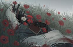 1boy black_gloves blue_coat charon_(reverse:1999) coat dog_tags flower gloves grey_sky holding holding_dog_tags holding_notebook hui_mieo lying male_focus notebook object_on_head on_back on_grass overcast poppy_(flower) red_flower reverse:1999 shards sky solo upper_body veil watermark weibo_watermark white_flower white_veil