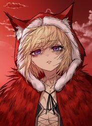 1girl animal_ears animal_hood black_corset black_souls blonde_hair blue_eyes cloud commentary corset debuffs_only english_commentary half-closed_eyes highres hood looking_at_viewer medium_hair messy_hair parted_lips red_hood red_hood_(black_souls) red_sky sky solo wolf_ears