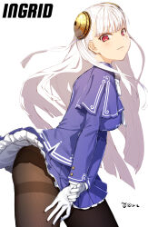 Rule 34 | 1girl, blue dress, blush, breasts, brown pantyhose, capcom fighting jam, character name, dress, gloves, hairpods, highres, ingrid (capcom), long hair, long sleeves, looking at viewer, meth (emethmeth), panties, panties under pantyhose, pantyhose, red eyes, smile, solo, thighband pantyhose, underwear, white gloves, white hair