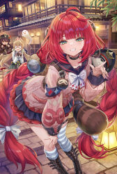 3girls alice_thymefield animal_ears asymmetrical_legwear belt black_coat black_gloves black_hat black_sailor_collar black_skirt blonde_hair blush boo_tao_(genshin_impact) boots bow bowtie braid breasts brown_hair choker coat fingerless_gloves flower genshin_impact ghost gloves green_eyes grin hair_bow hair_ornament hat hat_flower highres hu_tao_(genshin_impact) kama_(zenless_zone_zero) long_hair long_sleeves looking_at_viewer low_twin_braids low_twintails medium_breasts miniskirt multiple_girls pink_sweater plum_blossoms rabbit_ears rabbit_girl rabbit_tail raccoon red_eyes red_hair sailor_collar shirt skirt smile sphere_hair_ornament striped_clothes striped_thighhighs sweater symbol-shaped_pupils tail tearing_up thigh_strap thighhighs torino_aqua twin_braids twintails ukinami_yuzuha very_long_hair white_shirt zenless_zone_zero