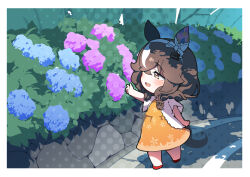 1girl alternate_costume animal_ears braid brown_eyes brown_hair casual chibi commentary_request curren_bouquetd&#039;or_(umamusume) flower full_body hair_between_eyes hair_ornament hairband horse_ears horse_girl horse_tail low_twin_braids open_mouth solo tail twin_braids umamusume warashi