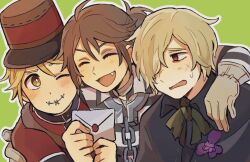 3boys :d ^_^ amedama094 andrew_kreiss arm_around_shoulder bandaged_neck bandages black_capelet blonde_hair blush brown_gloves brown_hair bruise bruised_eye capelet chain closed_eyes closed_mouth collared_shirt envelope fang flower gloves green_background green_neckerchief hair_over_one_eye hat holding holding_envelope identity_v injury iris_(flower) long_sleeves luca_balsa male_focus multiple_boys neckerchief open_mouth outline ponytail purple_flower red_eyes red_hat red_shirt shirt short_hair short_sleeves simple_background smile stitched_mouth stitches striped_clothes striped_shirt sweat victor_grantz wax_seal white_outline white_shirt wing_collar yellow_eyes