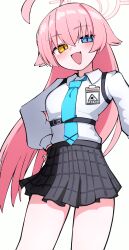 1girl :d ahoge blue_archive blue_eyes blue_necktie halo heterochromia highres hoshino_(blue_archive) long_hair necktie open_mouth pink_hair simple_background smile solo white_background white_halo yellow_eyes yuntaro_(ramen_star)