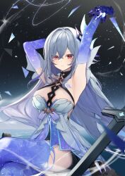 1girl absurdres armpits arms_up bare_shoulders blue_gloves blue_thighhighs commentary dress elbow_gloves genshin_impact gloves grey_hair hair_between_eyes hair_intakes halter_dress halterneck highres long_hair looking_at_viewer red_eyes sakusaku_(616saku) sitting skirk_(genshin_impact) solo sword thighhighs thighs very_long_hair weapon white_dress