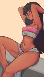 1girl absurdres armpits arms_up black_eyes black_hair blunt_bangs chel_(el_dorado) commentary crop_top dark-skinned_female dark_skin earrings groin highres jewelry long_hair midriff navel rerensai11 sitting solo the_road_to_el_dorado two-tone_tube_top white_loincloth