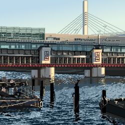 boat bridge commentary_request dock floodgate kroizzz no_humans original pixel_art reflection reflective_water river scenery sky suspension_bridge water watercraft