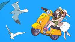2girls animal bird brown_hair goggles green_eyes hat highres long_hair motor_vehicle multiple_girls multiple_riders open_mouth original riding scooter seagull short_hair shorts sky smile takaichi_(tkch)