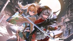 2girls black_thighhighs dagger fingerless_gloves gloves grey_hair hololive hood katana kazano_hiori knife moon multiple_girls on_one_knee sakamata_chloe sword syagamu thighhighs torn_clothes torn_thighhighs virtual_youtuber weapon white_thighhighs