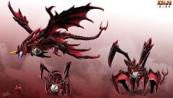 absurdres carapace claws crustacean destoroyah english_text evolutionary_line flying full_body godzilla_(series) godzilla_vs._destoroyah gradient_background gugenheim98 highres horns kaiju mandibles monster monster_focus multiple_wings open_mouth redesign sharp_teeth signature solid_eyes spiked_tail spiked_wings tail teeth toho wings yellow_eyes yellow_horns