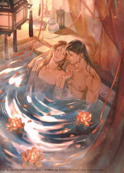 2boys aqua_eyes arm_around_shoulder bathing black_hair candle closed_eyes commentary copyright_name curtains english_commentary flower hair_down highres kkcoocool kong_hongjun lantern lattice li_jinglong long_hair looking_at_another lotus male_focus multiple_boys muscular muscular_male nipples nude official_art orange_flower orange_hair orange_petals orange_ribbon partially_submerged petals pink_flower ribbon smile tassel tianbao_fuyao_lu water wet wet_hair window yaoi