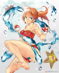 1girl absurdres artist_name bare_shoulders barefoot bikini blue_eyes breasts cameltoe collarbone creatures_(company) eyelashes feet female_focus game_freak gen_1_pokemon hair_between_eyes hair_ornament hair_tie highres holding looking_at_viewer mirco_gravina misty_(pokemon) nintendo orange_hair patreon patreon_username pink_lips poke_ball pokemon pokemon_(anime) pokemon_(classic_anime) pokemon_(creature) pokemon_ep018 red_theme short_hair short_shorts shorts side_ponytail signature small_breasts smile soles solo starmie staryu stomach swimsuit toes water