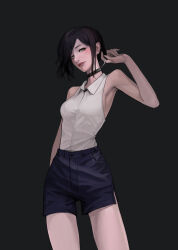 Rule 34 | 062 arts, 1girl, absurdres, bare shoulders, black hair, black shorts, blush, breasts, chainsaw man, choker, green eyes, highres, looking at viewer, medium breasts, reze (chainsaw man), shirt, short hair, shorts, sideboob, sleeveless, sleeveless shirt, solo, thighs, white shirt