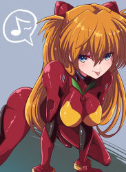 1girl all_fours bent_over blue_eyes blush bodysuit breasts fujitaka_nasu grey_background hair_between_eyes hairpods highres interface_headset_(evangelion) large_breasts looking_at_viewer mecha_pilot_suit musical_note neon_genesis_evangelion orange_hair plugsuit_(evangelion) red_bodysuit shiny_clothes simple_background solo souryuu_asuka_langley speech_bubble spoken_musical_note tongue tongue_out twintails two_side_up