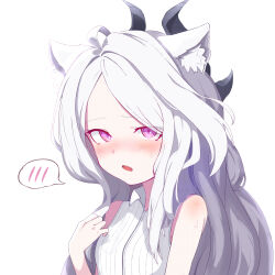 1girl absurdres ahoge animal_ears blue_archive breasts cat_ears demon_girl demon_horns highres hina_(blue_archive) horns long_hair looking_at_viewer nekozuki open_mouth purple_eyes shirt simple_background small_breasts solo upper_body white_background white_hair white_shirt