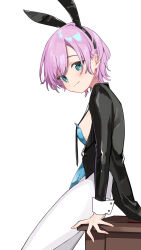 1girl animal_ears aqua_eyes black_jacket black_necktie blue_leotard breasts fake_animal_ears from_side highres jacket leotard light_blush light_smile looking_at_viewer necktie nijisanji nikuya_mugi pantyhose pink_hair playboy_bunny rabbit_ears short_hair simple_background sitting small_breasts solo virtual_youtuber white_background white_pantyhose yuuhi_riri