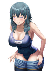 1girl absurdres alternate_costume bare_shoulders blue_one-piece_swimsuit blue_shorts breasts character_name cleavage covered_navel cowboy_shot female_byleth_(fire_emblem) female_focus fire_emblem fire_emblem:_three_houses hair_between_eyes highres large_breasts long_hair nintendo one-piece_swimsuit pantyhose pantyhose_under_shorts saikunartworks short_shorts shorts simple_background smile solo standing swimsuit undressing white_background