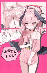 1girl absurdres badtz-maru black_wings blue_archive blush bow bow_panties bra_strap character_print clothes_lift collarbone doodle_sensei_(blue_archive) feathered_wings hair_between_eyes half-closed_eyes halo head_wings highres jewelry koharu_(blue_archive) lifting_own_clothes loli low_twintails low_wings medium_hair my_melody navel necklace off_shoulder panties pink_eyes pink_hair pink_halo pink_shirt pulling_own_clothes riko_(rik0ring) sanrio sensei_(blue_archive) shirt shirt_lift short_sleeves speech_bubble spoken_character sweatdrop t-shirt thighs translation_request twintails underwear white_panties winged_halo wings