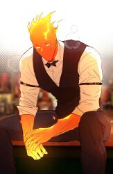 1boy arm_strap bartender ben-day_dots black_bow black_pants black_straps black_vest blank_eyes blurry blurry_background bow bowtie breath collared_shirt colored_skin commentary_request feet_out_of_frame grillby highres korean_commentary male_focus no_mouth orange_skin pants screentones shirt sitting sleeve_cuffs sleeves_rolled_up solo taleryu undertale vest white_shirt wing_collar
