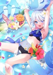 1girl :d ahoge alternate_costume armpits arms_up ascot azuma_yuki bikini black_bikini blue_ascot blue_bikini blue_eyes blue_gemstone blue_hair blue_innertube blue_pupils blush breasts collarbone commentary_request cup drop-shaped_pupils flower food fruit furina_(genshin_impact) gem genshin_impact gentilhomme_usher hair_between_eyes heterochromia highres holding holding_cup looking_at_viewer mademoiselle_crabaletta medium_breasts medium_hair multicolored_bikini multicolored_hair navel on_innertube open_mouth orange_flower red_flower signature smile solo stomach streaked_hair surintendante_chevalmarin swimsuit symbol-shaped_pupils teardrop-shaped_gem two-tone_bikini water watermelon watermelon_slice wet white_flower white_hair