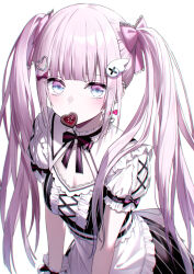 1girl blue_eyes blunt_bangs blush bow breasts candy chocolate chocolate_heart cleavage dress ear_piercing earrings food frilled_dress frills gradient_eyes gradient_hair hair_ornament heart heart-shaped_food heart_earrings heart_hair_ornament jewelry jirai_kei kazunehaka long_hair looking_at_viewer maid multicolored_eyes multicolored_hair original piercing pink_hair ribbon short_sleeves simple_background small_breasts solo twintails wrist_cuffs