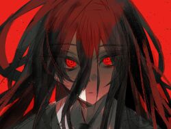 Rule 34 | 1boy, black hair, black jacket, closed mouth, crosshair pupils, danganronpa (series), danganronpa 2: goodbye despair, expressionless, jacket, kamukura izuru, lllzlllz, long bangs, long hair, looking at viewer, male focus, portrait, red background, red eyes, shirt, solo, tsurime, white shirt