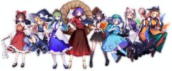 Rule 34 | 6+girls, apron, aqua boots, aqua hair, aqua jacket, aqua skirt, ascot, bag, black hair, black hat, black ribbon, black shoes, black skirt, black socks, black vest, black wings, blonde hair, blue eyes, blue shoes, blue skirt, boots, bow, braid, brown eyes, brown hair, closed mouth, collared shirt, detached sleeves, dress, drum, footwear bow, frilled shirt collar, frills, frog hair ornament, full body, gloves, gohei, green hat, green skirt, hair between eyes, hair bow, hair ornament, hakurei reimu, hand fan, hand on own hip, hat, hat bow, hat ribbon, hauchiwa, highres, holding, holding fan, holding gohei, instrument, jacket, kawashiro nitori, kirisame marisa, kneehighs, kochiya sanae, layered sleeves, leaf hair ornament, long hair, long sleeves, looking at viewer, mary janes, matara okina, mob cap, multiple girls, neck ribbon, onbashira, orange sleeves, orange tabard, paw print soles, puffy short sleeves, puffy sleeves, purple eyes, purple tabard, red bow, red hat, red ribbon, red shirt, red skirt, ribbon, rope, sandals, shameimaru aya, shimenawa, shirt, shoes, short hair, short over long sleeves, short sleeves, shoulder bag, side braid, single braid, skirt, sleeveless, sleeveless shirt, smile, socks, standing, tabard, tokin hat, touhou, trigram, very long hair, vest, waist apron, white apron, white bow, white dress, white gloves, white hat, white shirt, white sleeves, white socks, wide sleeves, wings, witch hat, yakumo yukari, yasaka kanako, yellow ascot, yellow eyes, yinco