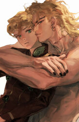 2boys abs absurdres arms_up black_jacket black_nails blonde_hair bug closed_mouth collared_jacket crossed_arms dio_brando dutch_angle earrings father_and_son giorno_giovanna green_eyes hair_between_eyes high_collar highres hoop_earrings hug insect jacket jewangchobab jewelry jojo_no_kimyou_na_bouken ladybug ladybug_ornament long_hair long_scar looking_at_another looking_at_viewer male_focus multiple_boys nail_polish parted_lips piercing scar scar_on_neck simple_background single_earring topless_male upper_body white_background wing_ornament
