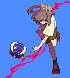 1girl beanie beast_ball blue_background brown_eyes brown_hair floral_print full_body green_shorts grey_eyes hat highres looking_at_viewer nintendo no_mouth pleo poke_ball pokemon pokemon_sm red_footwear red_hat selene_(pokemon) shirt short_hair short_sleeves shorts simple_background standing tied_shirt