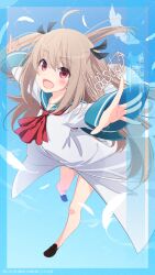 1girl adversarial_noise aqua_sailor_collar artist_name atri atri-my_dear_moments- black_ribbon brown_hair character_name dress feathers full_body hair_ribbon highres inaba_shiki light_brown_hair long_hair looking_at_viewer neckerchief open_mouth outstretched_arms red_eyes red_neckerchief ribbon sailor_collar sailor_dress signature smile solo two_side_up white_dress