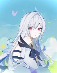 Rule 34 | 1girl, blue sky, bug, butterfly, cloud, detached sleeves, dress, genshin impact, grass, grey hair, hair intakes, highres, insect, ji tyan429, long hair, red eyes, ringed eyes, skirk (genshin impact), sky, solo, upper body, white dress