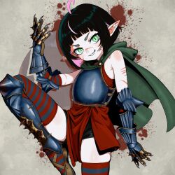 1girl absurdres ahoge armor bare_shoulders black_hair black_shorts boagnnnnnnn breastplate capelet commission elf gauntlets green_eyes grin highres leg_up looking_at_viewer original pointy_ears scar scar_on_arm scar_on_face short_hair shorts slit_pupils smile solo striped_clothes striped_thighhighs thick_eyebrows thighhighs