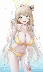 1girl bikini blue_archive blush breasts brown_hair cleavage commentary_request fingernails front-tie_bikini_top front-tie_top green_eyes green_halo hair_intakes hair_rings halo halterneck hand_on_own_thigh hat highres large_breasts long_hair looking_at_viewer navel nonomi_(blue_archive) nonomi_(swimsuit)_(blue_archive) official_alternate_costume open_mouth poyih see-through_clothes see-through_shirt shirt side-tie_bikini_bottom simple_background single_hair_ring smile solo stomach swimsuit thighs white_background white_shirt yellow_bikini