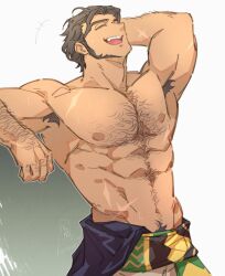 Rule 34 | +++, 1boy, abs, absurdres, alternate muscle size, arm hair, arm up, armpit hair, bara, beard, black pubic hair, broad shoulders, brown hair, chest hair, claude von riegan, claude von riegan (timeskip), closed eyes, commentary, cowboy shot, dark-skinned male, dark skin, elbow rest, english commentary, facial hair, fire emblem, fire emblem: three houses, head back, highres, laughing, male focus, male pubic hair, nintendo, pectorals, pubic hair, satodee, scar, scar on chest, scar on stomach, short hair, sideburns, solo, teeth, tongue, topless male, upper teeth only, wavy hair